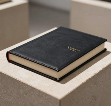 A close-up photograph of a minimalist, high-quality leather-bound brand strategy book with subtle gold embossed text. The book sits on a light bone-colored stone plinth in a gallery-like setting with soft, expensive-feeling shadows.