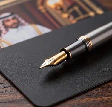 Macro photography of a premium gold fountain pen resting on a heavy-textured black business card. The background shows a blurry hint of a sophisticated Middle Eastern / Gulf study with dark wood and warm lighting.