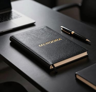 Photography of a sleek, black professional desk in a Middle Eastern / Gulf setting. On the desk lies a thick, expensive textured paper notebook with the word MERQORA embossed in gold. Beside it, a single piece of high-end stationery and a designer pen. Dramatic, sharp lighting and deep shadows.