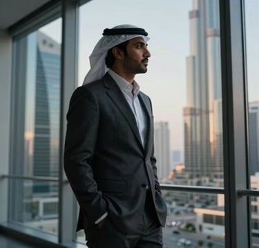A sharp, editorial photograph of a Middle Eastern / Gulf executive in a tailored charcoal suit, silhouetted against a modern glass wall overlooking the Dubai International Financial Centre. High contrast, low light.