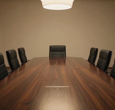 A focused, cinematic shot of a luxury boardroom table in Dubai. The surface is dark polished wood, reflecting subtle gold light from a minimalist chandelier. Deep black chairs and a warm bone-colored wall in the background create a high-stakes, strategic atmosphere.