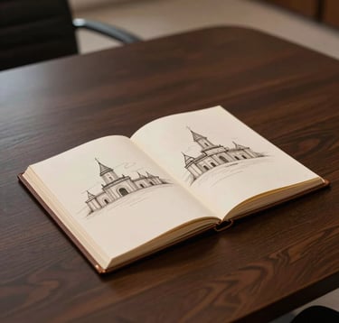 A minimalist shot of a high-end boardroom table with a single, open leather-bound portfolio showing architectural sketches. Subtle warm bone lighting on dark surfaces. Middle Eastern / Gulf luxury corporate style.