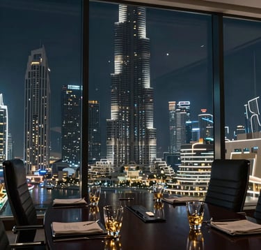 An editorial photograph of a sleek, dark glass boardroom in a Dubai skyscraper overlooking the city's modern architecture at night. The lighting is low and focused, highlighting gold-rimmed glassware on a dark table.