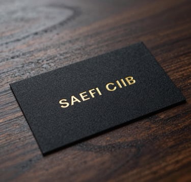 A high-end macro photograph of a bespoke, black textured business card with subtle gold foil lettering resting on a dark walnut surface. Sharp focus, cinematic depth of field, Middle Eastern / Gulf aesthetic.