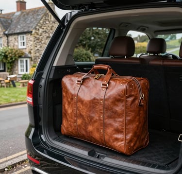Close-up of high-quality leather luggage being easily loaded into the spacious rear of a luxury family vehicle. The scene is set in a charming British Isles village with traditional architecture in the background, emphasizing comfort and convenience for long journeys.