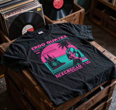 A professional studio product photograph of a vintage-style graphic t-shirt inspired by 80s synth-wave and rock music, laid flat on a dark wooden record crate. Accented by vinyl records peeking out from the background. Vivid hot pink and vibrant teal graphic details on the black fabric. Soft moody lighting, realistic texture, Latin America / Mexico urban vintage aesthetic.