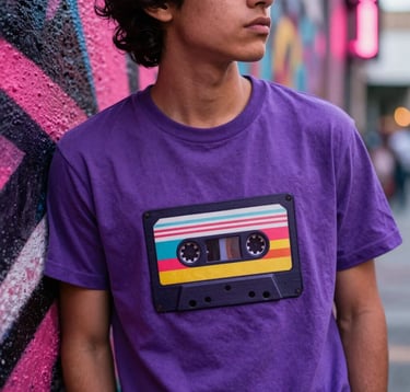 A close-up shot of a young person in a vibrant city in Latin America / Mexico wearing a cool vintage t-shirt, leaning against a graffiti wall under neon lights. The t-shirt features a colorful retro-pop emblem of a cassette tape. Dynamic, rhythmic urban vibe with strong purple and hot pink accents, captured on 35mm film.