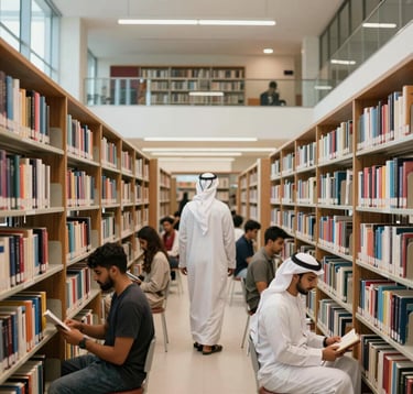 Professional photography of a contemporary university library with high ceilings and floor-to-ceiling bookshelves. A group of diverse students are seen from a distance in a scholarly Middle Eastern / Gulf setting. Soft, intellectual lighting.