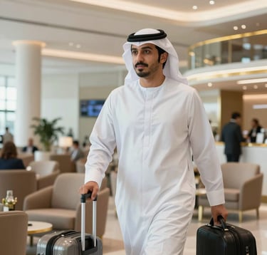 A professional and candid shot of a business traveler in a luxury airport lounge in the Middle Eastern / Gulf region. The background features modern architecture with clean lines and gold accents. Bright, high-end photography style.