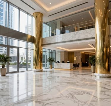 A professional and bright corporate lobby in a UAE business district, featuring elegant white marble floors, gold accented pillars, and large glass windows, high-end commercial interior photography, Middle Eastern / Gulf setting.
