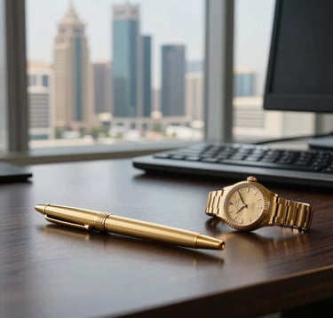 A close-up photograph of a professional workstation featuring a gold pen and a luxury watch on a polished dark desk. In the background, a large window reveals a blurred view of a modern financial district in the Middle Eastern / Gulf region.