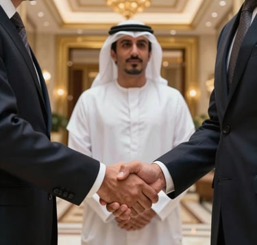 Close-up photography of two business professionals in elegant attire shaking hands in a sophisticated, gold-accented hotel lobby in the Middle Eastern / Gulf. The lighting is soft and warm, highlighting a sense of trust and partnership.