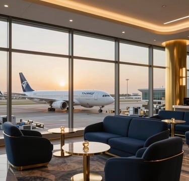 Photography of a luxury airport lounge in the Middle Eastern / Gulf region, featuring gold-toned lighting and sleek navy blue furniture. Through large panoramic windows, a modern aircraft is visible on the tarmac during sunset.