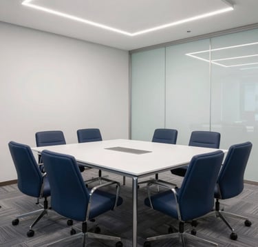 A bright corporate meeting room in a Dubai high-rise, featuring a large white table and navy blue chairs. The composition is clean and professional, conveying trust and project management excellence.