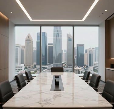 A high-end, contemporary corporate office interior in a Middle Eastern / Gulf high-rise. A large conference table in white marble sits under gold minimalist lighting, overlooking a blurred city skyline of skyscrapers and luxury developments.