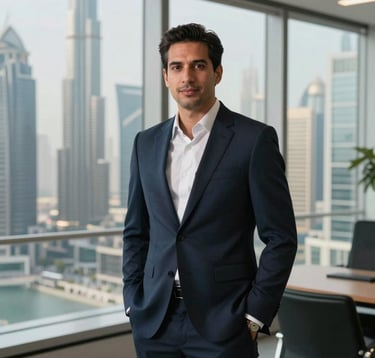 A professional corporate portrait of a business executive in a high-end Dubai office, overlooking a futuristic cityscape, soft natural lighting, elegant business attire, modern luxury style, Middle Eastern / Gulf context.