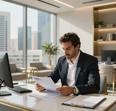 A professional consultant in a modern, sunlit office in a Middle Eastern city, reviewing visa documents. The setting features minimalist furniture and gold-toned accents with a view of high-rise buildings.