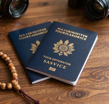 A close-up, sharp photograph of high-end travel documents and a prayer bead set resting on a polished wooden table. The lighting is warm and reassuring, emphasizing a professional and well-organized tour operator service.