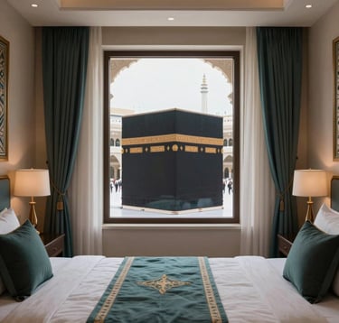 A high-end interior photograph of a luxury hotel room in Mecca, with a window overlooking the Kaaba. The room is decorated in neutral tones with subtle dark teal accents. The lighting is soft and serene, evoking a feeling of exclusive comfort.