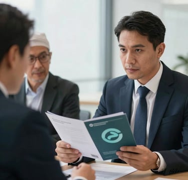 A close-up photograph of a professional meeting in a bright, modern office. A traveler and a financial consultant, both International / Global Muslims in smart attire, are reviewing a brochure featuring a dark teal and pale aqua logo. The lighting is bright and aspirational.