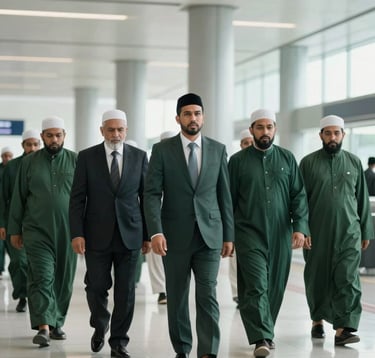 An International / Global Muslim guide in professional attire leading a group of pilgrims through a bright, modern terminal. The lighting is soft and natural, with a palette of deep green and light tosca visible in the environment. Reassuring and dignified atmosphere.