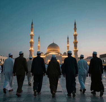 A beautiful landscape photograph of a group of International / Global Muslim pilgrims walking together in unison towards a mosque at twilight. The scene is dominated by deep teal shadows and a serene, aspirational atmosphere with soft light.