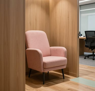 A quiet, private corporate lactation booth with ergonomic seating upholstered in pastel soft pink fabric, standing on warm light wooden flooring with subtle pastel green accents, located in an office building in Hispanic / Corporate Latin America & Spain. High-end architectural photography, warm ambient light, serene and comfortable corporate atmosphere.