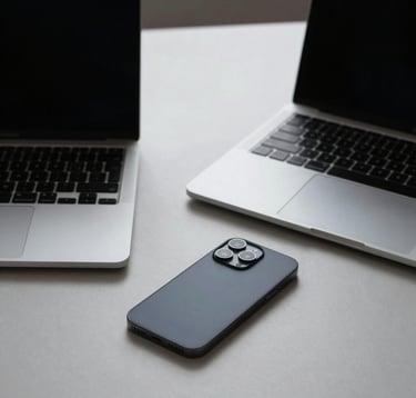 A minimalist, premium workspace with a laptop and a dark-themed smartphone on a clean desk. The lighting is soft and focused, emphasizing a sense of high-tech innovation and sophisticated financial management. Professional studio photography.