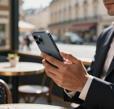 Close-up of a person's hand in a professional business suit holding a high-end smartphone in a sunlit Parisian cafe. The background shows a soft-focus street view. The style is premium and professional, representing a North African and European collaborative lifestyle.