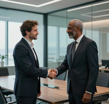 Two professional business partners, one European / French and one North African / Algerian, shaking hands in a high-tech, modern boardroom with glass walls. Soft natural lighting, professional attire, and a sophisticated atmosphere with sea green accents in the decor.