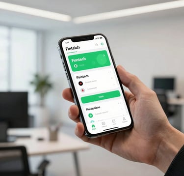A close-up photograph of a hand holding a premium smartphone in a bright, modern minimalist office. The screen shows a sleek fintech dashboard with green accent colors. The background is softly blurred showing a professional workspace, North African / Algerian & European / French setting.