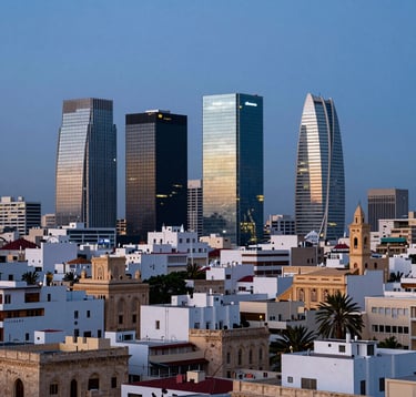 A professional architectural photograph of the Algiers skyline at dusk, blending historic North African structures with modern glass skyscrapers. The lighting is sophisticated, with a clear blue-hour sky, emphasizing a region in rapid economic transition and technological growth.