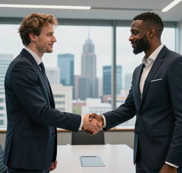 Two business partners, one European and one North African, shaking hands in a high-tech conference room with a view of a modern city skyline. The lighting is bright and professional, emphasizing trust and collaboration in a fintech context.