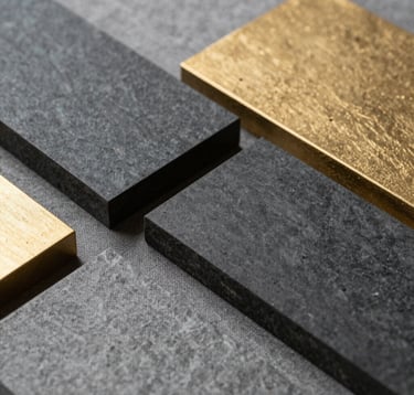 Close-up photography of high-end architectural materials including dark charcoal stone, matte gold accents, and textured grey fabric arranged in a balanced, minimalist composition. Soft, natural side lighting. North American / International aesthetic.