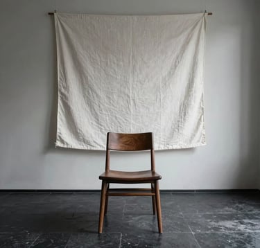 An editorial interior shot of a meditation room. A single low-profile dark wood chair sits on a black stone floor. A thin beam of soft natural light highlights the texture of a white linen wall hanging. Minimalist and architectural. North American / International.