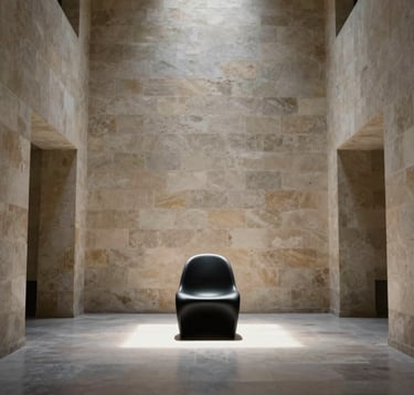 An interior shot of a minimal, high-ceilinged stone hall. A single shaft of light illuminates a matte black sculptural chair. The composition is centered and symmetrical, exuding a sense of calm and architectural grandeur. North American / International.