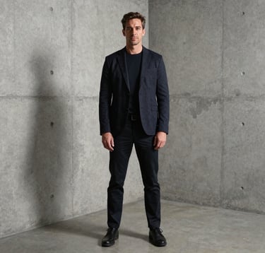 Editorial portrait of a professional architect in dark, minimalist attire, standing in a concrete-walled studio with soft directional lighting. Clean lines and architectural depth. North American / International feel.