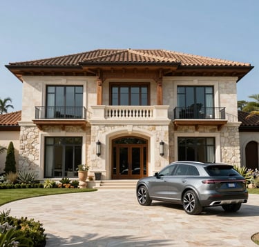 Exterior facade of a grand luxury villa in Granja Viana, SP. Stone and wood details, floor-to-ceiling windows, and a circular driveway with a high-end SUV. Bright, clean, daytime photography.