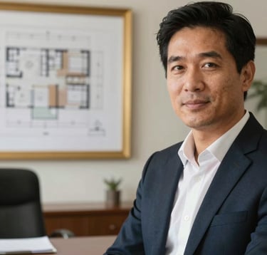 A close-up of a professional real estate consultant in an elegant Brazilian office setting, showing a blurred background with architectural plans and gold accents. The lighting is soft and professional, emphasizing a sense of trust and elite service.