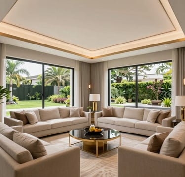 Interior shot of a sophisticated living room in a high-end Brazilian home, showing neutral tones, high ceilings, and gold-trimmed decor. The style is clean and modern, with large windows overlooking a manicured South American garden, natural light filling the space.