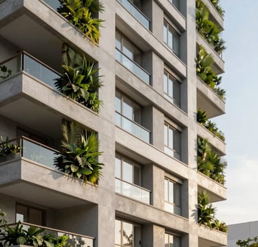 The modern exterior facade of a luxury residential building in Barueri, featuring vertical gardens and clean architectural lines. The shot is taken during a bright morning, reflecting a high-end Brazilian lifestyle with premium finishes and light gray tones.