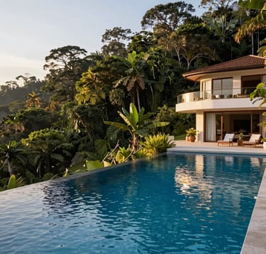 A breathtaking infinity pool at a luxury estate in Vargem Grande Paulista, surrounded by lush green Atlantic Forest. Clear blue water reflecting the morning sun. High-end Brazilian country living.