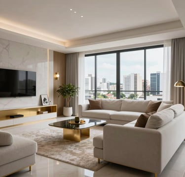 Modern interior of a luxury apartment in Barueri, showcasing a minimalist living room with white and light grey furniture, gold metallic accents, and large windows overlooking the city skyline. South American / Brazilian interior design style.