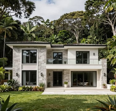 Professional architectural photography of an exclusive residence in Granja Viana, surrounded by lush green South American vegetation. The home features elegant light grey stone and white finishes. Bright, natural daylight.