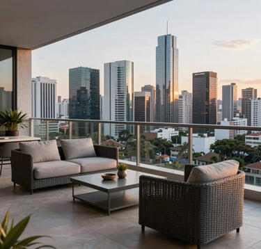 A luxurious penthouse balcony overlooking the Barueri skyline, Brazil. Contemporary outdoor furniture in charcoal grey and light grey. Sophisticated, high-end atmosphere at golden hour.