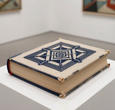 A close-up shot of an art object made from a transformed book, displayed on a clean white plinth in a bright North American art space. The embroidery is geometric and precise, using soft sand and deep navy threads.