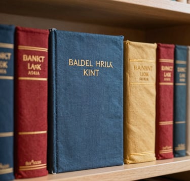 Close-up shot of a library of embroidered books arranged by color on a soft-sand colored wooden shelf. The lighting is editorial and soft, highlighting the subtle differences in texture between the book covers and the embroidery.