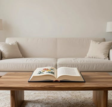 A sophisticated interior shot of a minimalist living room in a North American home. An embroidered book sculpture sits on a low wooden coffee table as a centerpiece. The atmosphere is calm, quiet, and high-end, using off-white and warm beige tones.