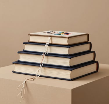 An artistic composition of three embroidered books of varying sizes, stacked vertically on a warm beige plinth. The threads trail off the pages like delicate roots. The style is that of a luxury interior design catalogue, clean and sophisticated.