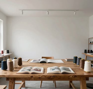 Wide shot of a minimalist, light-filled art studio in North America with high ceilings. A long wooden workbench holds spools of thread in muted tones and several open books undergoing artistic transformation.